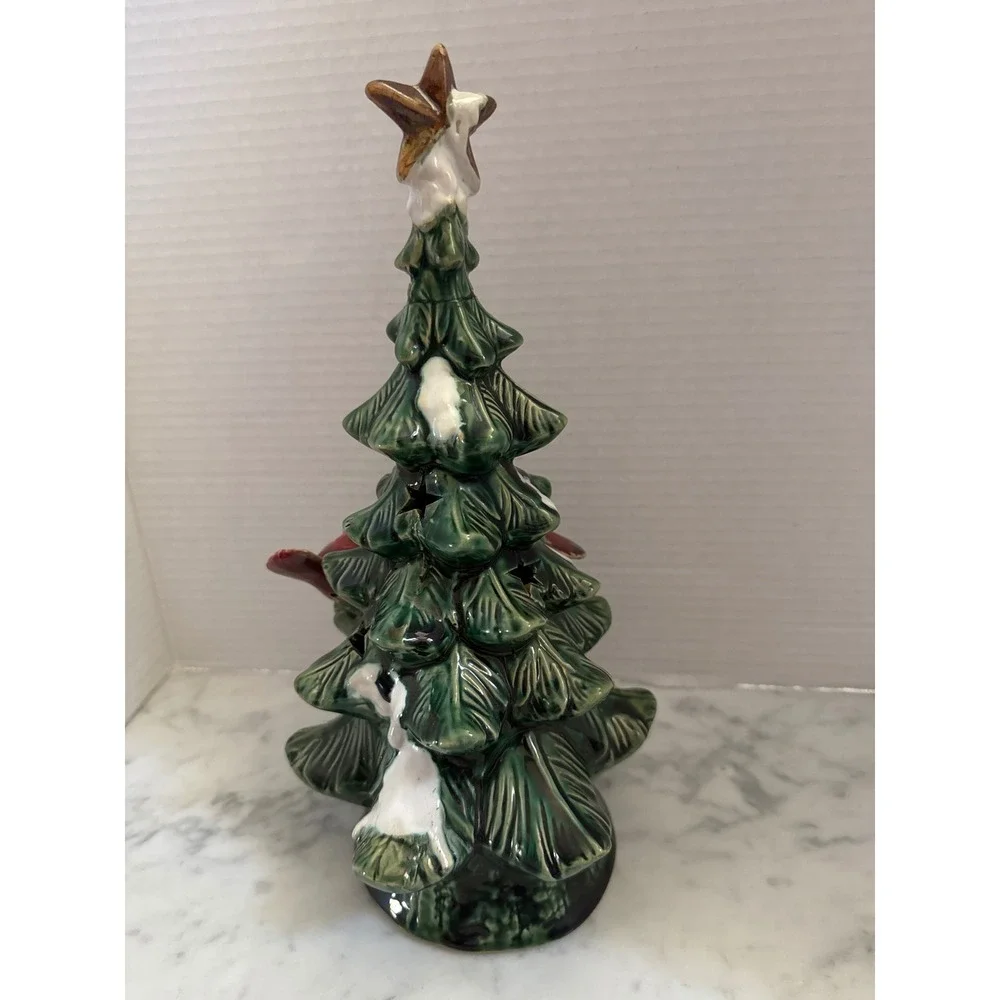 Ceramic Christmas Tree Figurine with Red Cardinals and Star Cutouts 11 Inch